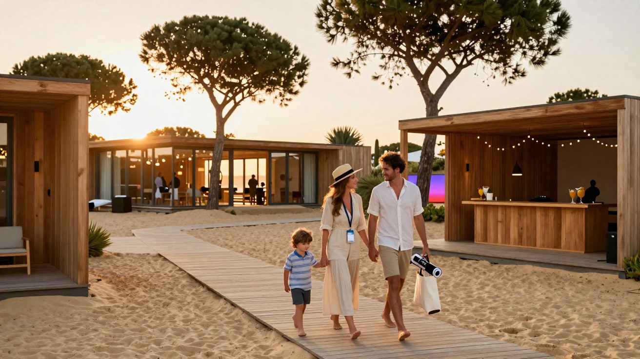 Família com criança a caminhar em passadiço de madeira numa praia com cabanas e árvores ao pôr do sol.