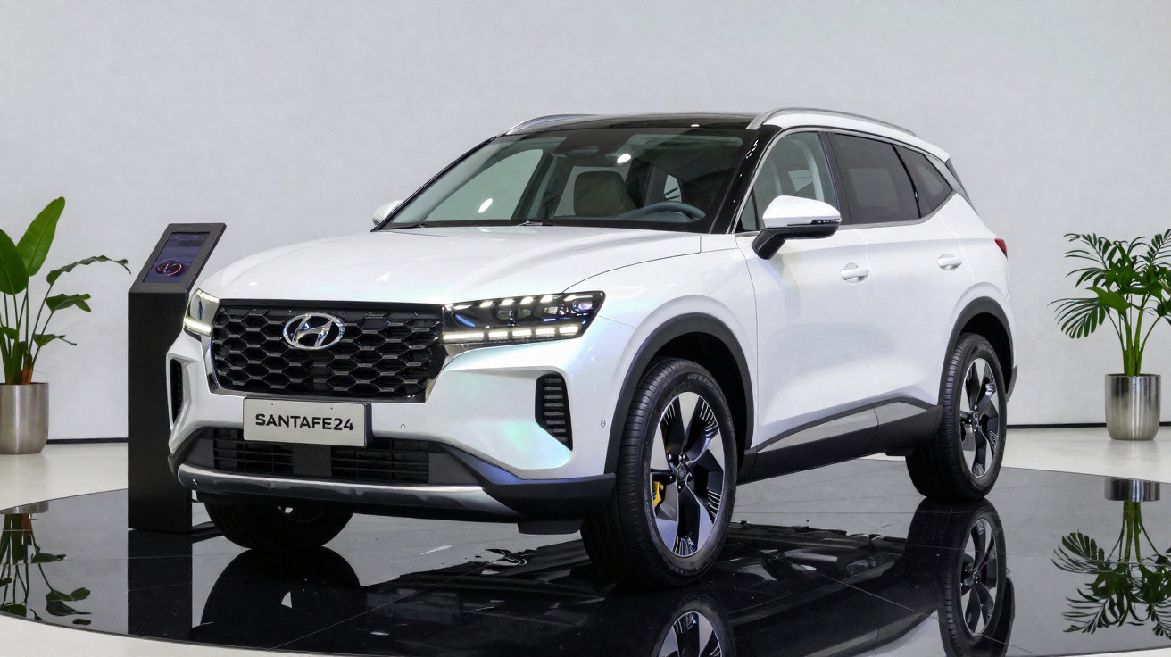 SUV Hyundai Santa Fe 2024 branco exibido em plataforma preta com plantas ao fundo em ambiente minimalista.