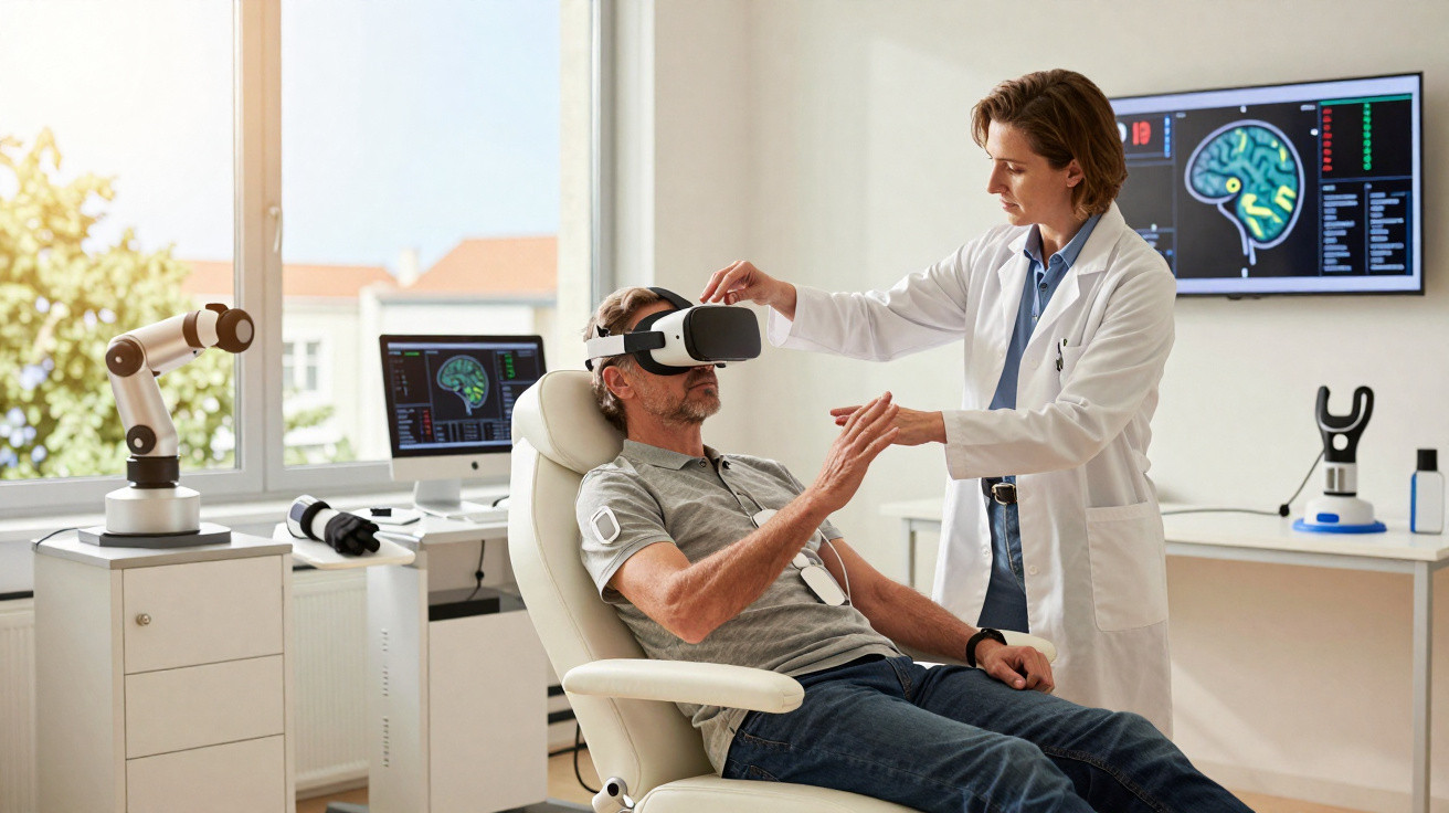 Paciente de óculos VR a realizar teste cerebral assistido por médica num consultório moderno com tecnologia avançada.