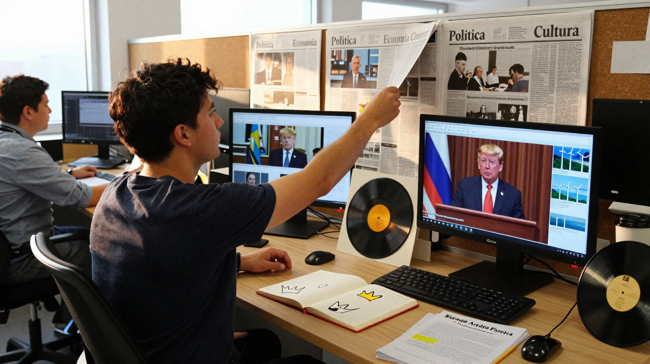Jovem a trabalhar num escritório com computadores, jornais, discos de vinil e documentos num ambiente de notícias.