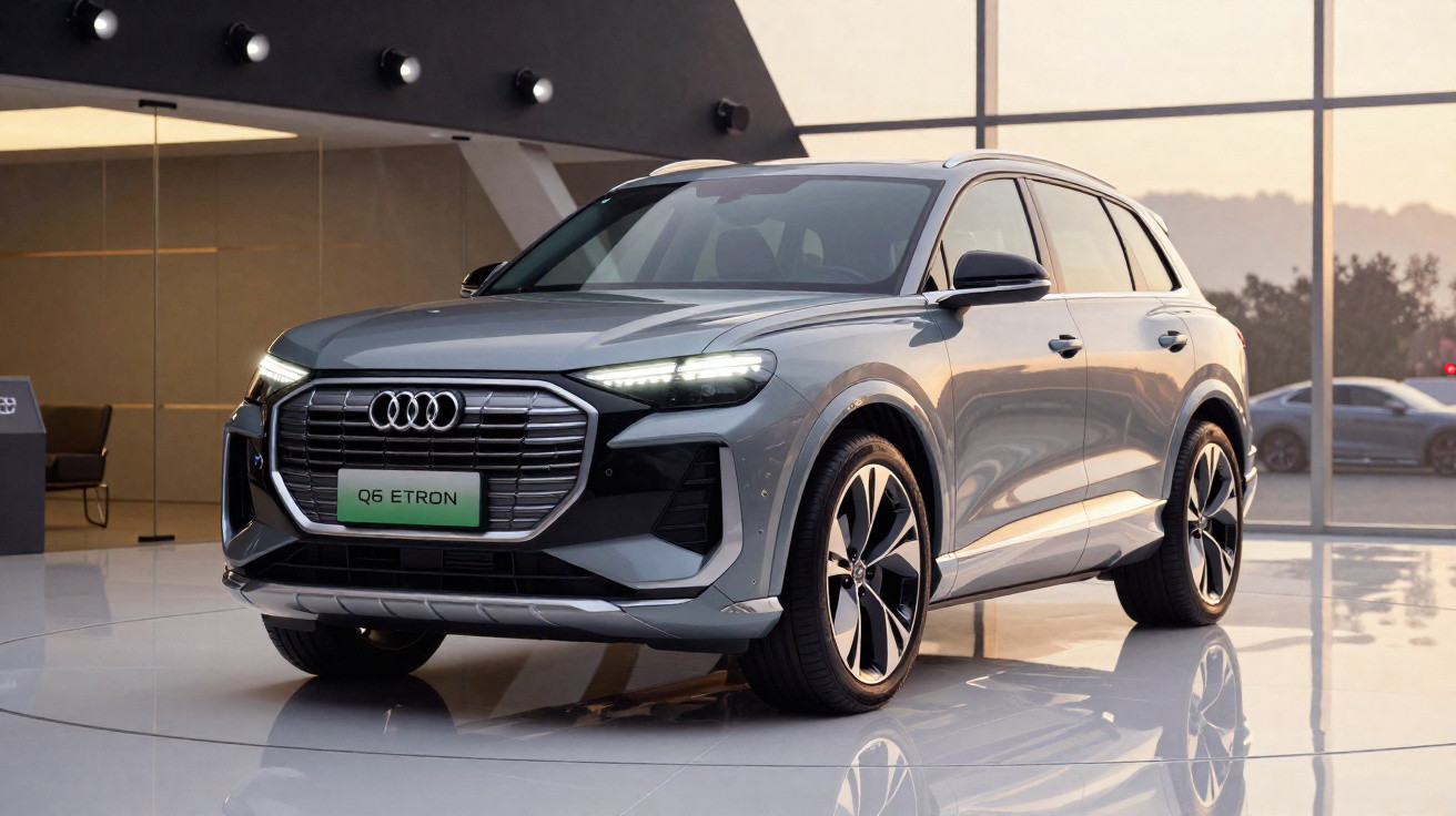 Carro elétrico Audi Q6 e-tron cinza estacionado num showroom moderno com grandes janelas de vidro.