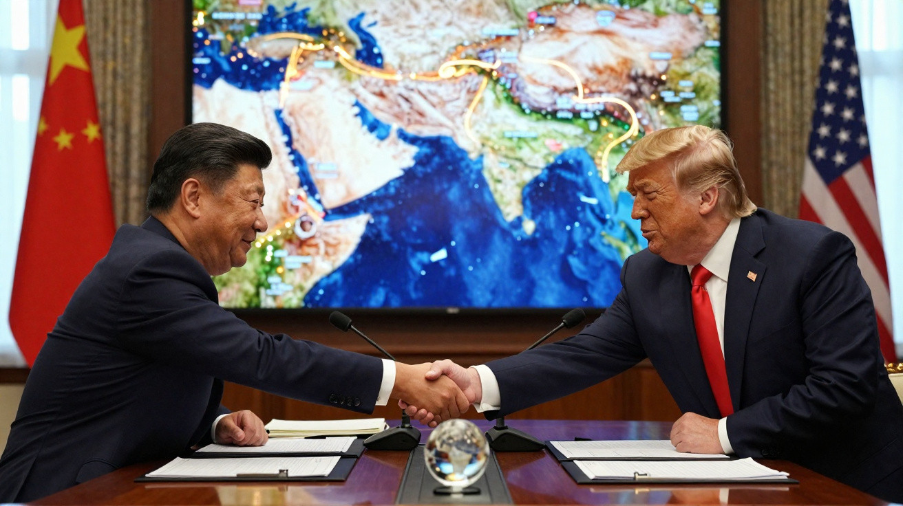 Xi Jinping e Donald Trump apertam as mãos durante reunião com bandeiras da China e EUA ao fundo.