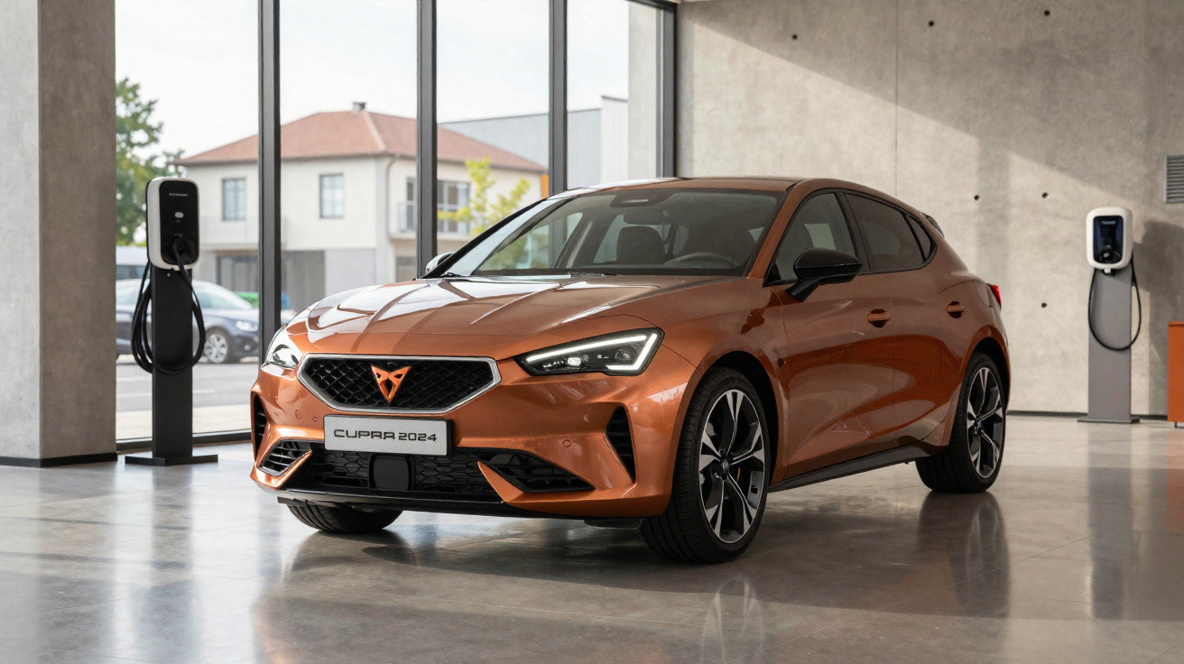 Carro elétrico Cupra 2024 laranja estacionado em interior moderno junto a duas estações de carregamento.