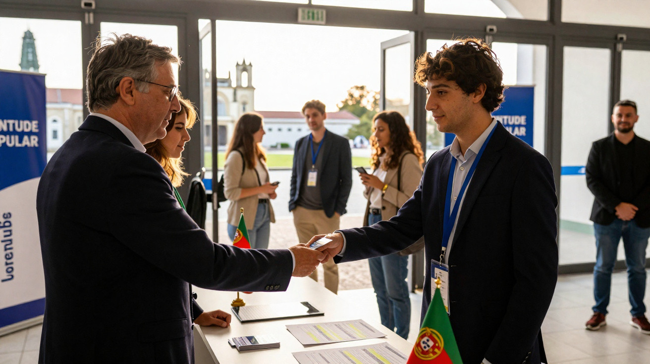 Dois homens em balcão apertam as mãos numa receção formal com bandeira de Portugal presente.