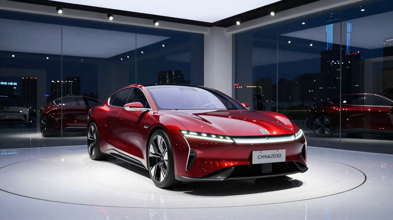 Carro desportivo elétrico vermelho exposto em sala com paredes espelhadas e luzes focais.