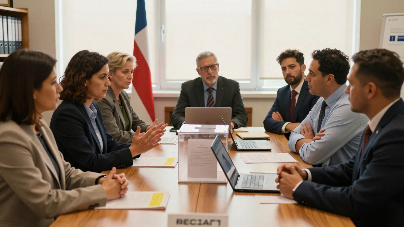 Grupo de seis pessoas em reunião formal numa sala com bandeira ao fundo.
