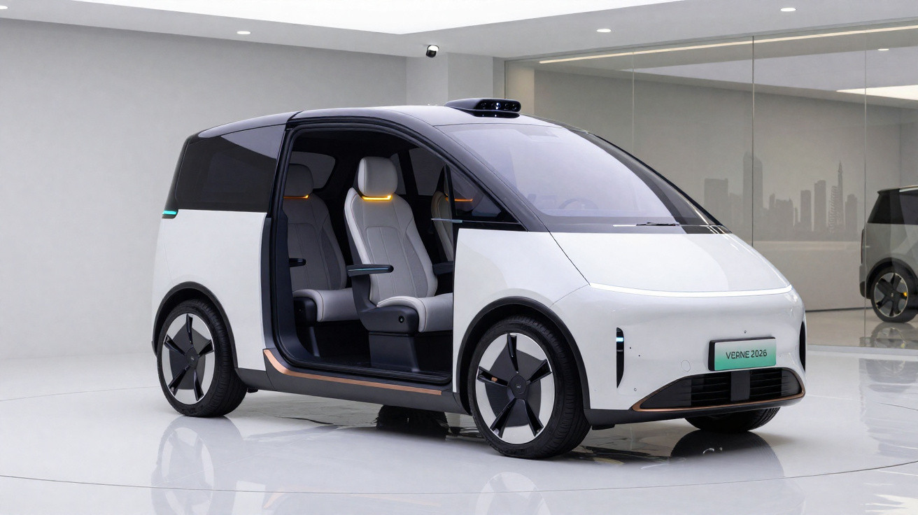 Carro elétrico autónomo branco com portas laterais deslizantes abertas, revelando interior moderno e minimalista.
