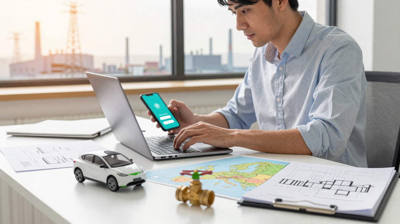 Homem a trabalhar num computador portátil com mapas, plantas e modelo de carro numa secretária iluminada.