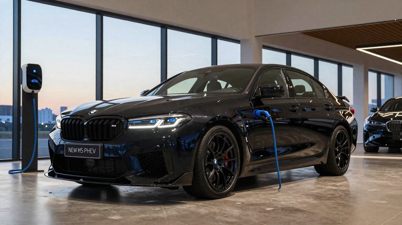 BMW M5 PHEV preto a carregar numa estação de carregamento interior com janelas amplas ao fundo.
