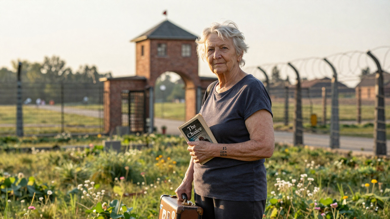 Mulher idosa segurando livro e mala num campo florido com cerca e torre atrás ao pôr do sol.