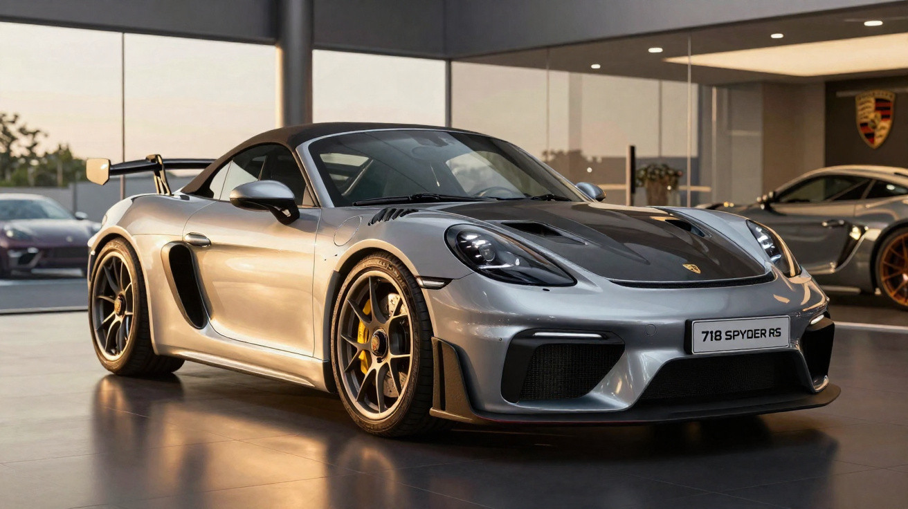 Carro desportivo Porsche 718 Spyder RS prata, estacionado em showroom moderno com chão reflexivo.
