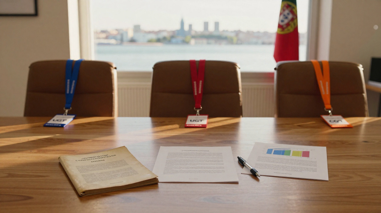 Mesa de reunião com documentos, caneta e três cadeiras com crachás ao fundo, vista para rio e bandeira de Portugal.