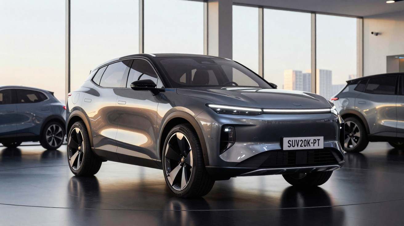 SUV eléctrico cinza estacionado em showroom moderno com janelas grandes e outros carros ao fundo.