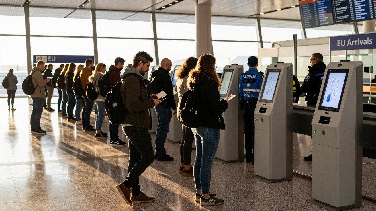 Pessoas em fila a usar quiosques de autoatendimento no aeroporto para chegadas na União Europeia.