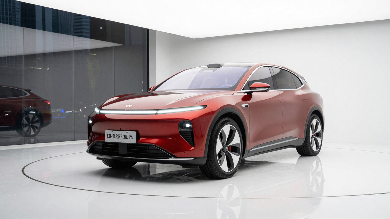 Carro elétrico vermelho estacionado num espaço fechado moderno com paredes brancas e vidro.