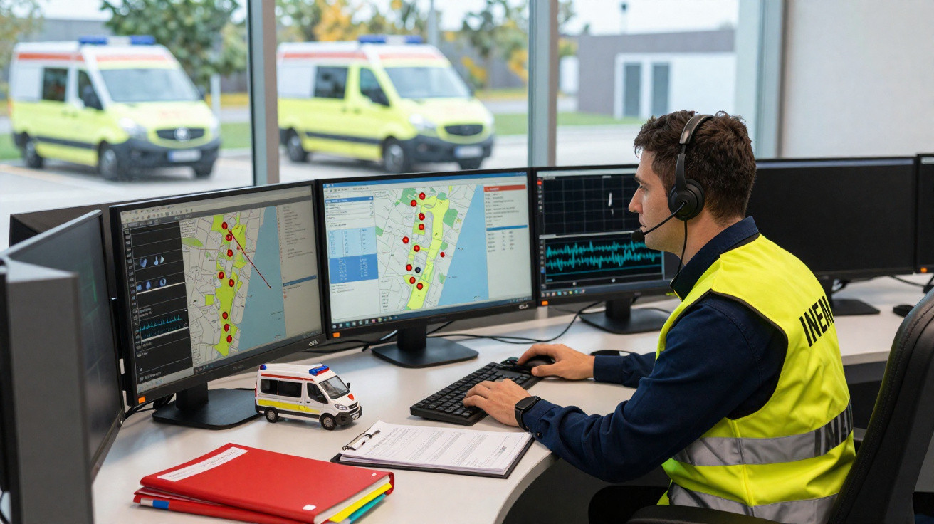 Pessoa com colete amarelo a monitorizar emergências num centro de controlo com três ecrãs e ambulâncias ao fundo.