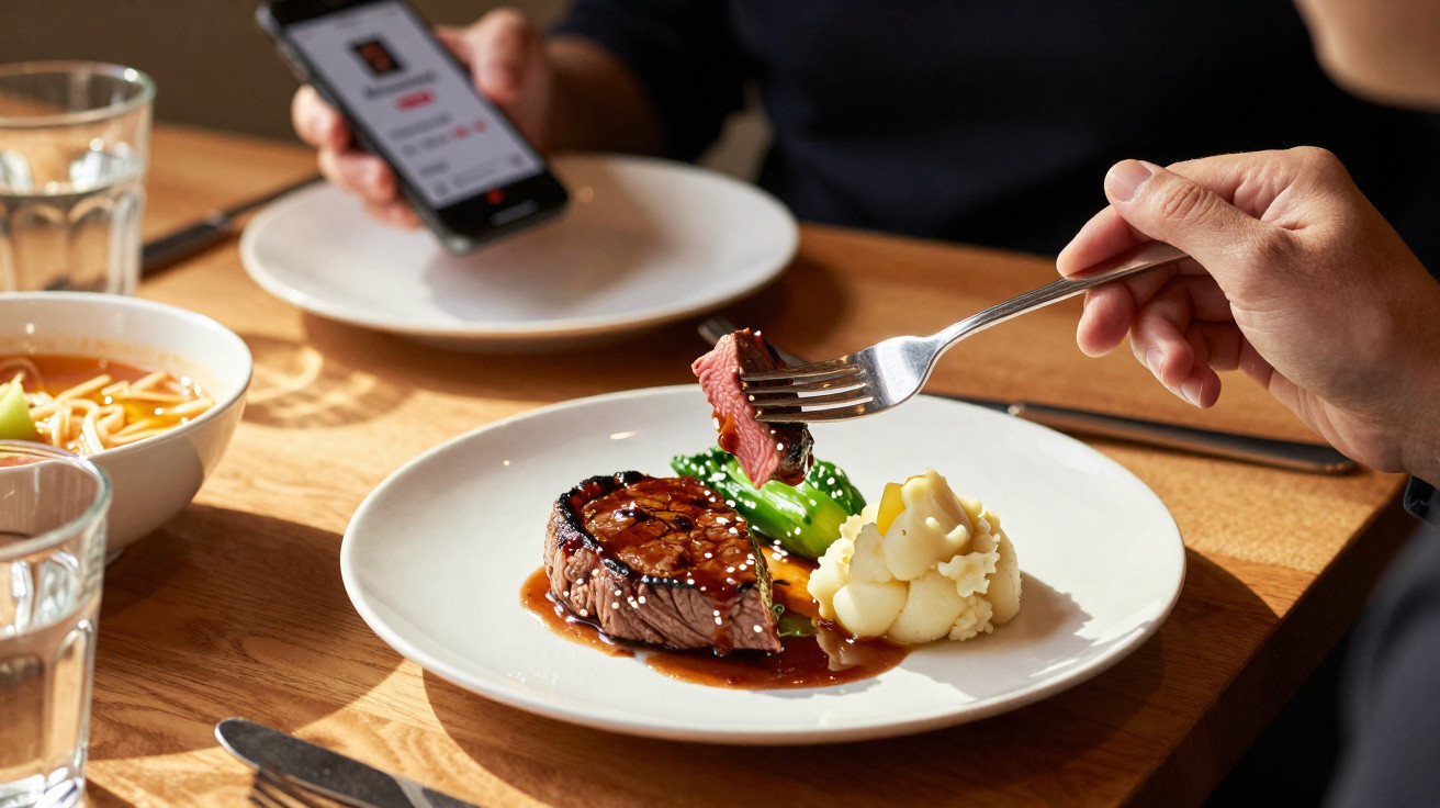 Prato com bife mal passado, puré de batata e legumes, pessoa a segurar garfo com pedaço de bife e outra a usar telemóvel.