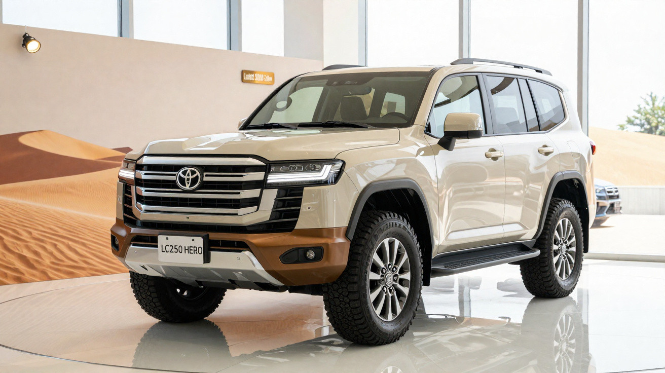 SUV Toyota Land Cruiser 250 Hero bege exposto em ambiente fechado com decoração de deserto ao fundo.
