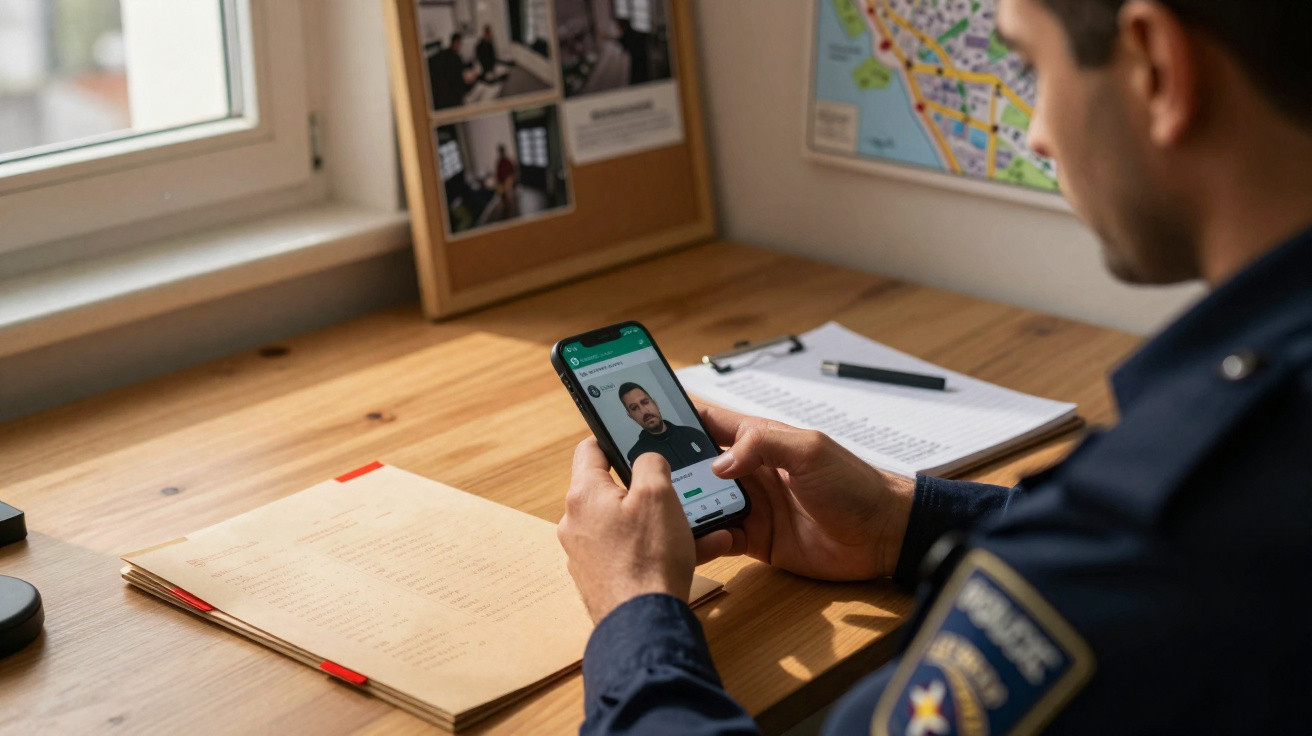 Polícia a usar telemóvel com aplicação de videochamada numa mesa com documentos e mapa na parede.