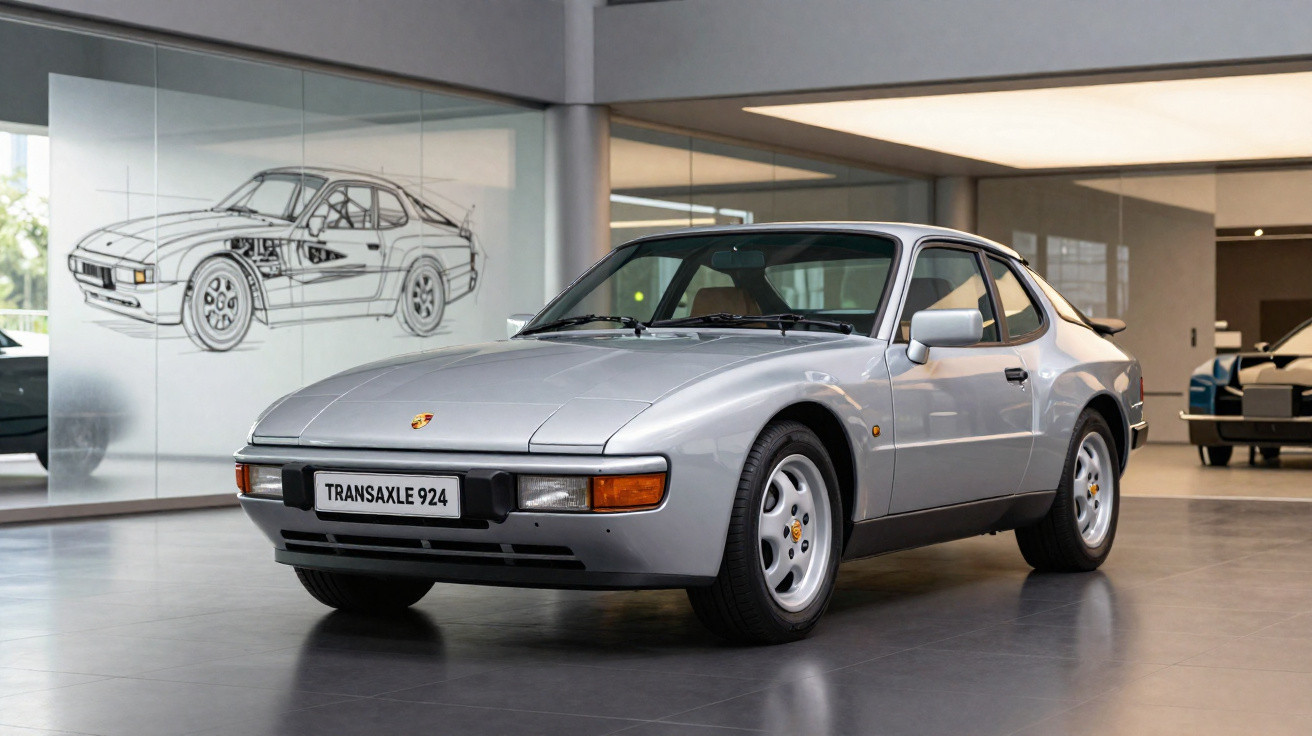 Carro desportivo Porsche 924 prata em exposição num museu, com desenho técnico na parede atrás.