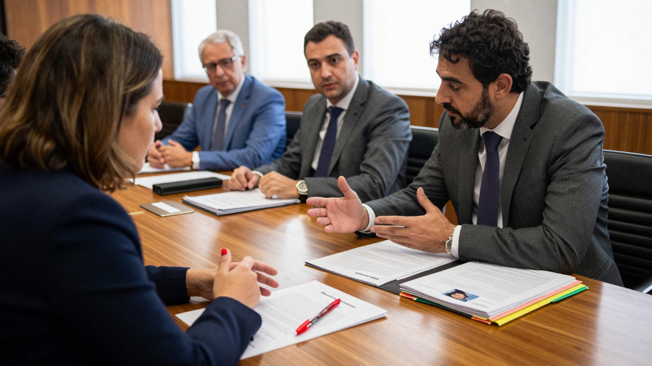 Quatro pessoas em reunião formal à mesa, discutindo documentos e apontando durante conversa de trabalho.