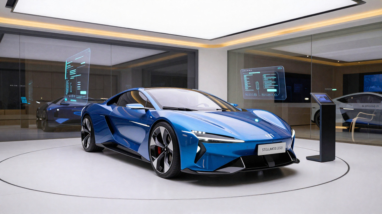 Carro desportivo eléctrico azul em exposição moderna com ecrãs holográficos, no interior minimalista.