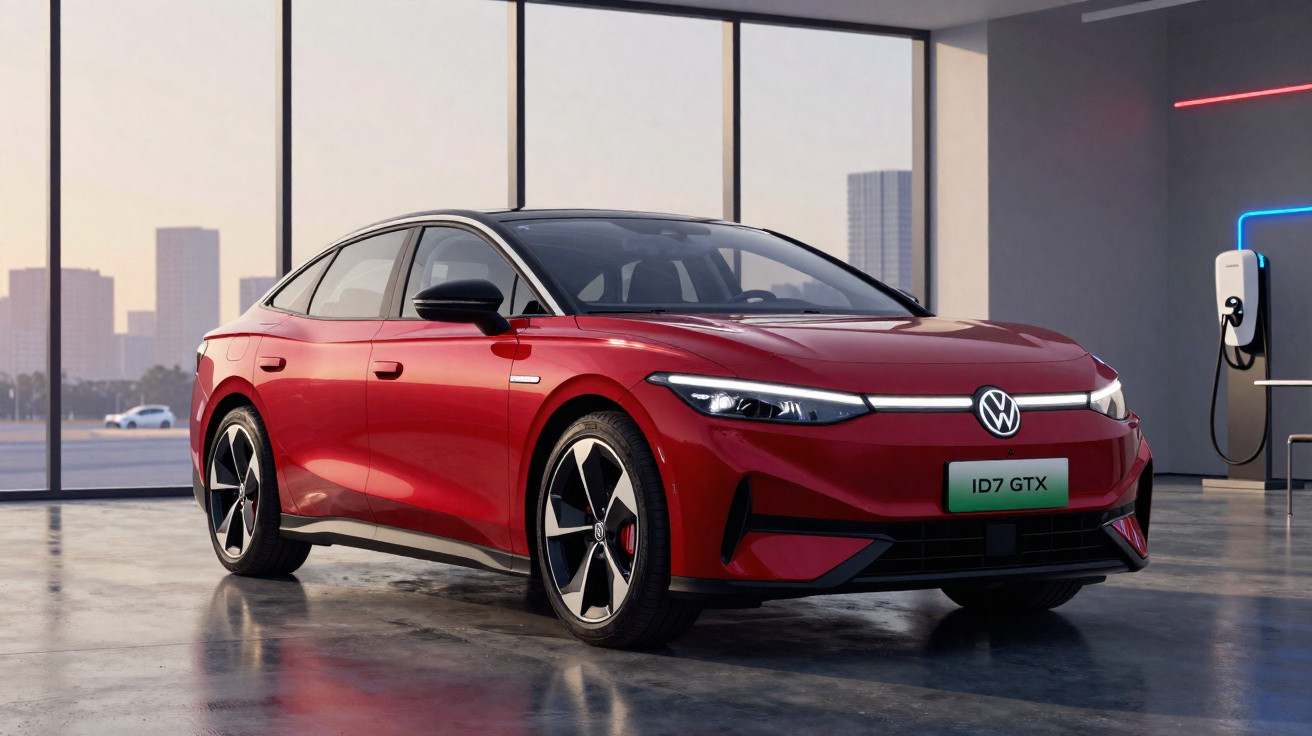 Carro elétrico vermelho Volkswagen ID.7 GTX estacionado em garagem moderna com parede de vidro e posto de carregamento.