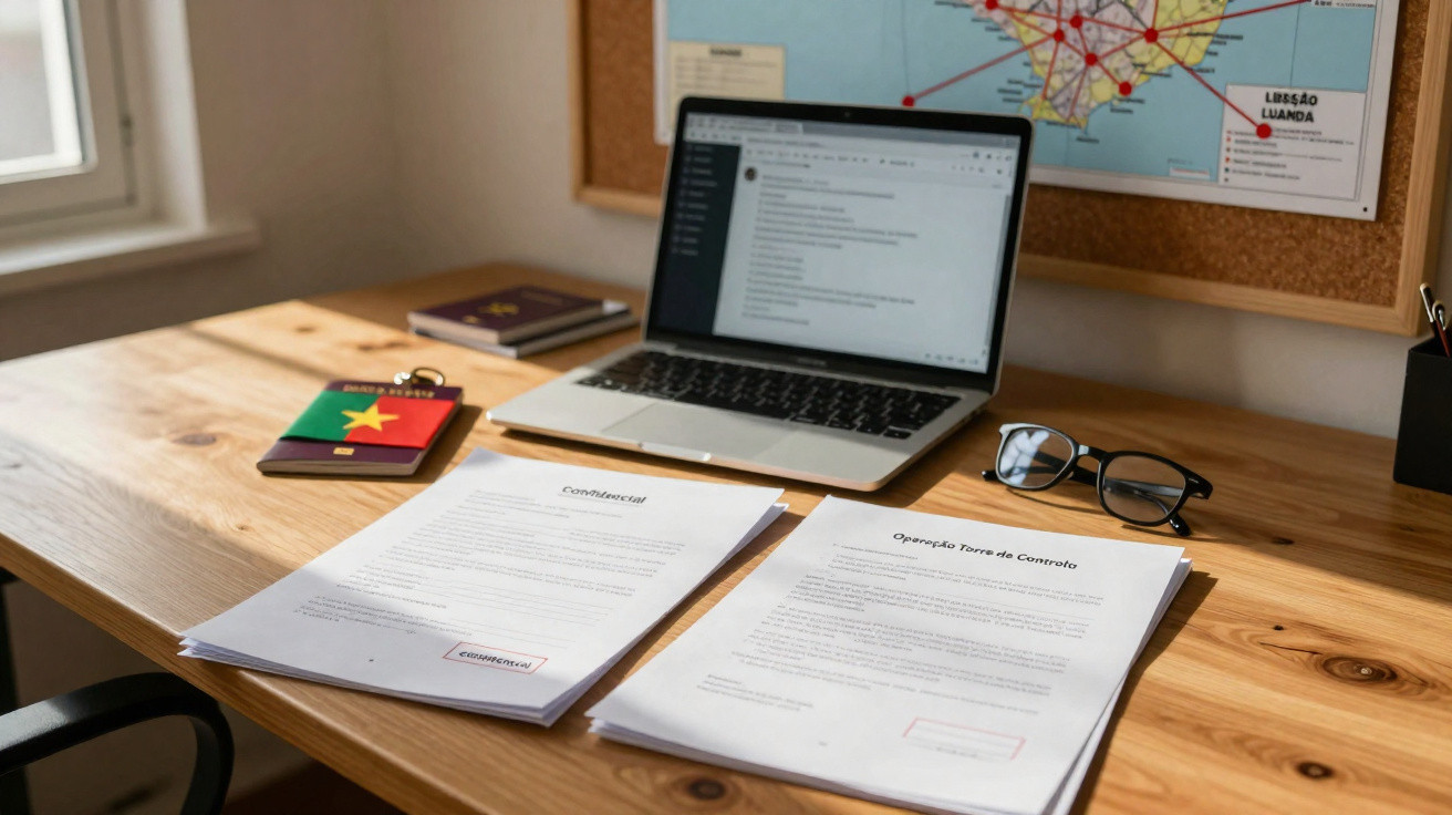 Mesa de trabalho com laptop aberto, documentos, óculos e mapa numa parede ao fundo.
