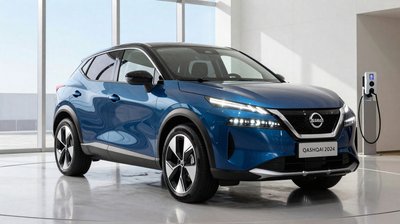 SUV elétrico azul Nissan Qashqai 2024 estacionado junto a estação de carregamento interior.