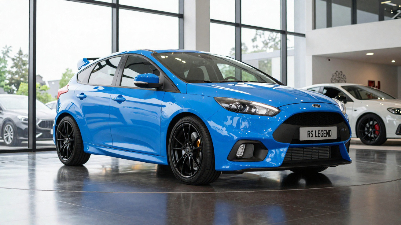 Carro desportivo azul Ford Focus RS Legend estacionado em showroom com chão de azulejo cinzento.