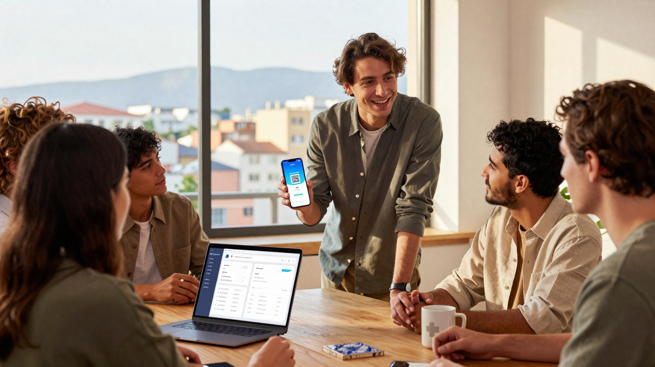 Grupo de jovens numa reunião informal, com um a mostrar um smartphone a outros à volta de mesa com laptop.