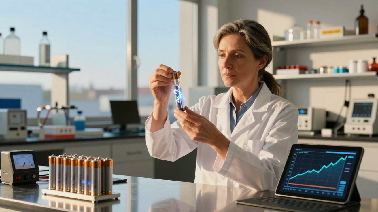 Cientista em laboratório a analisar tubo de ensaio com eletricidade, ao lado de baterias e gráfico num computador.