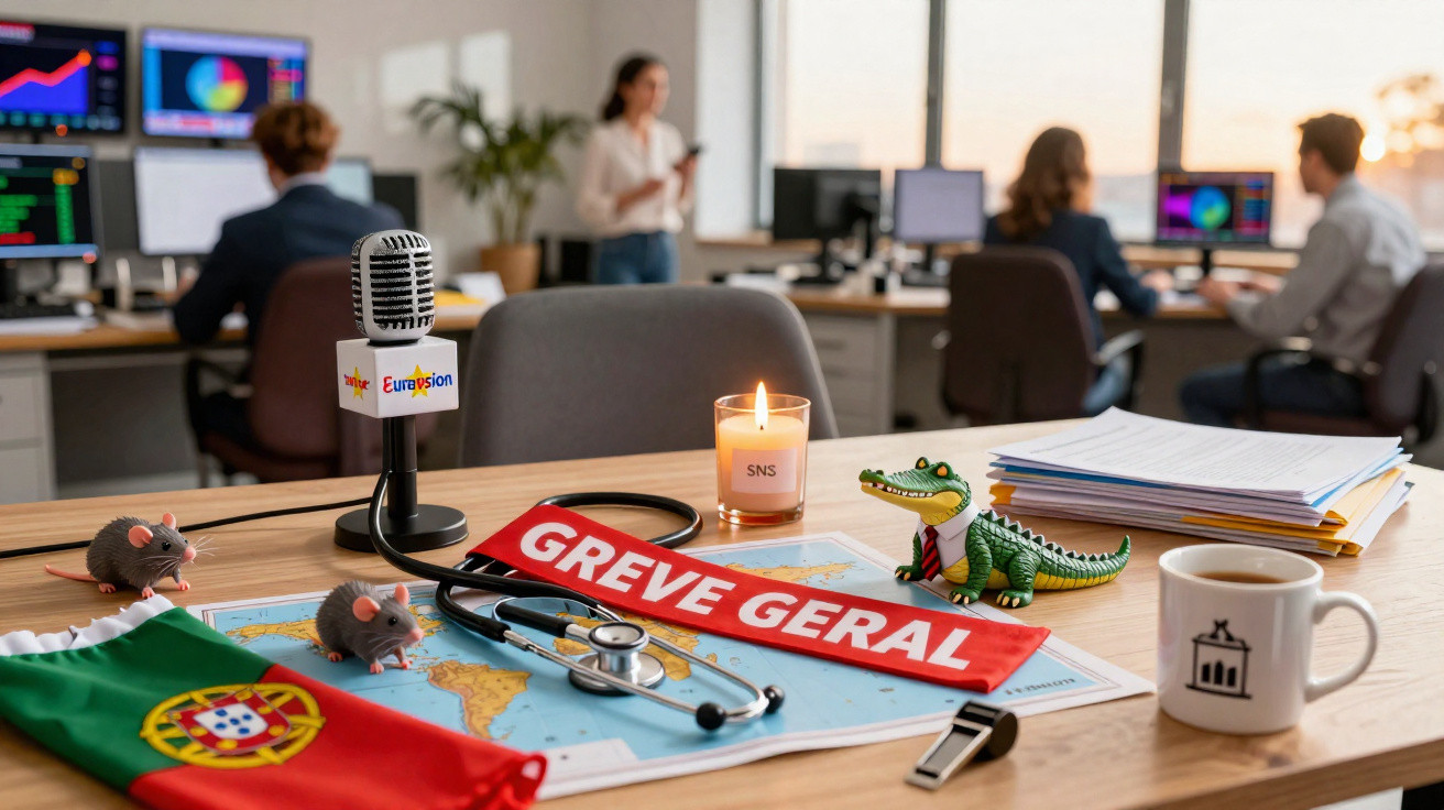 Mesa com objetos relacionados à saúde e Portugal, microfone, vela acesa e sinal de greve geral em escritório moderno.