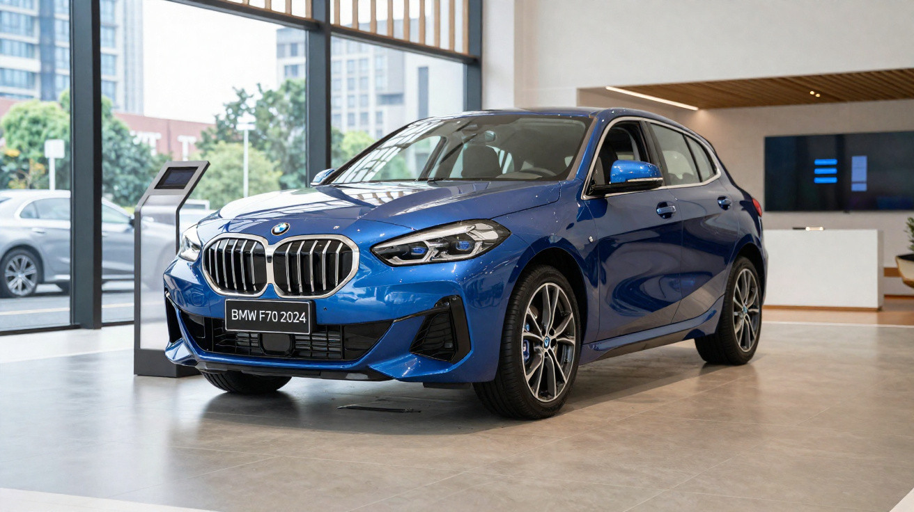 Carro BMW F70 azul 2024 exposto numa loja com grandes janelas e chão de cimento polido.