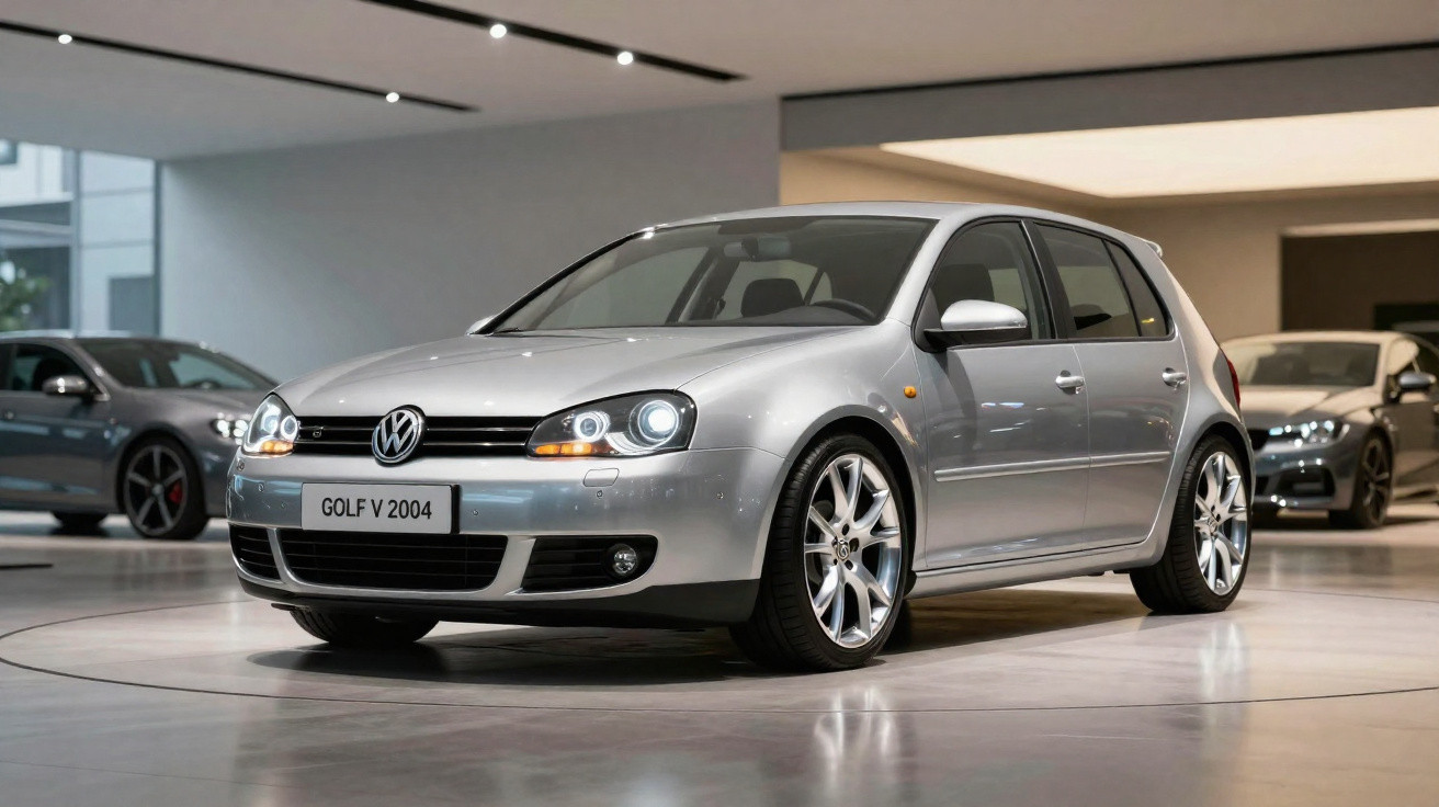 Volkswagen Golf V 2004 cinza em exposição numa sala moderna com outros carros ao fundo.