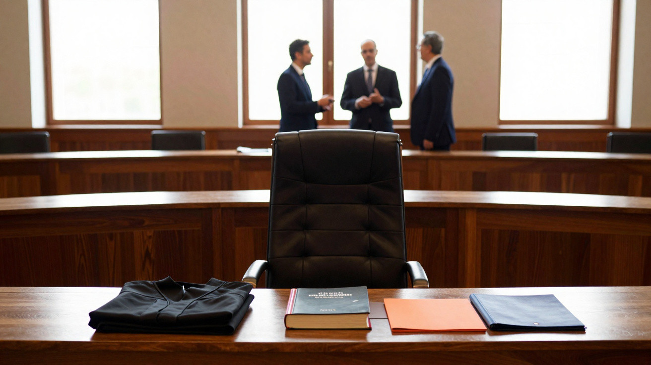 Cadeira preta numa sala de tribunal com roupa, livros e três homens a conversar ao fundo.