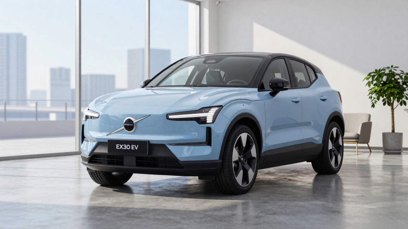 Carro elétrico Volvo EX30 EV azul claro estacionado em piso interior com janelas grandes e planta.