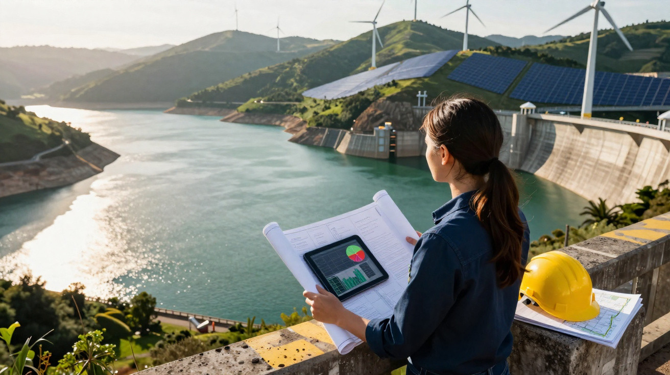 Engenheira com plantas e tablet junto a barragem com turbinas eólicas e painéis solares num vale verde.