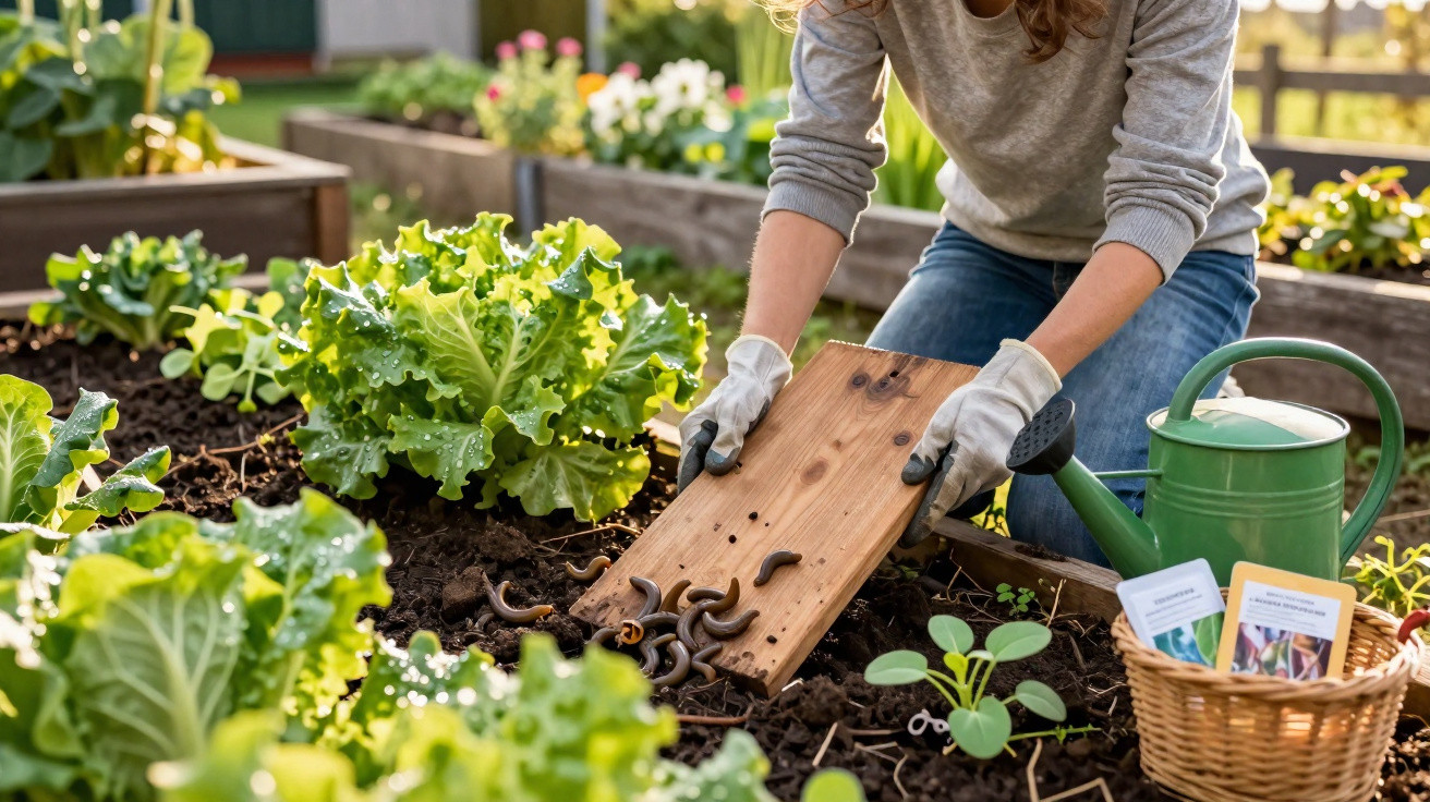 Pessoa a preparar canteiro com minhocas para cultivo numa horta com alfaces e regador verde.