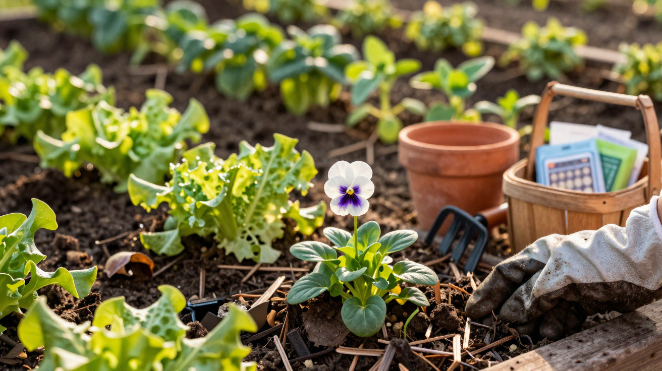 Pessoa a cultivar plantas num jardim, com luva de jardinagem, vasos e ferramentas ao redor.