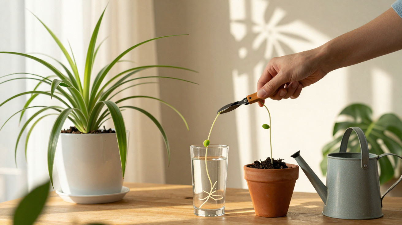 Mão a cortar planta com tesoura, vidro com água e duas plantas em vasos sobre mesa de madeira.