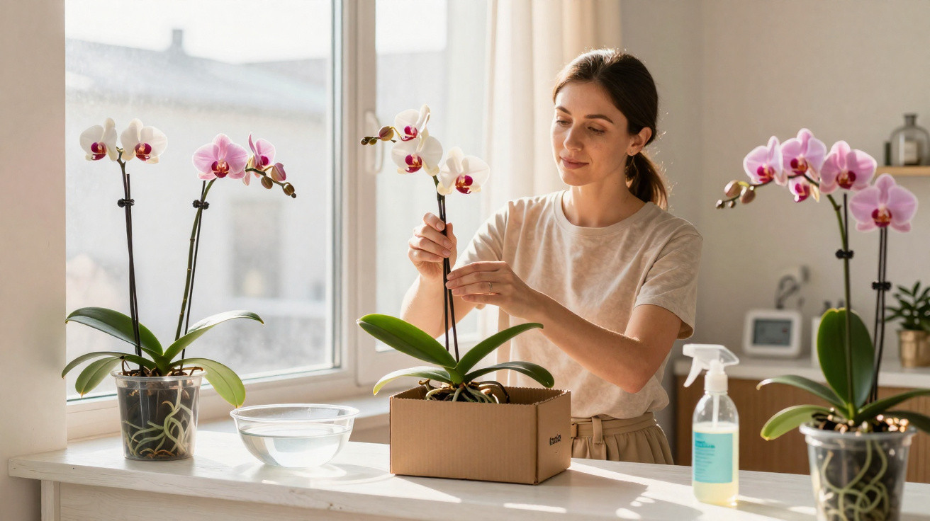 Mulher a cuidar de orquídeas numa sala iluminada, com plantas em vasos e utensílios de jardinagem na mesa.