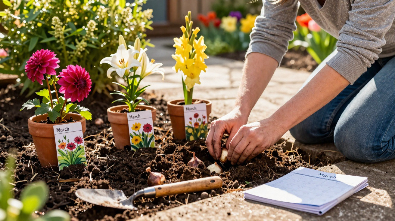 Pessoa a plantar bulbos de flores em canteiro com flores coloridas e calendário de março ao lado.