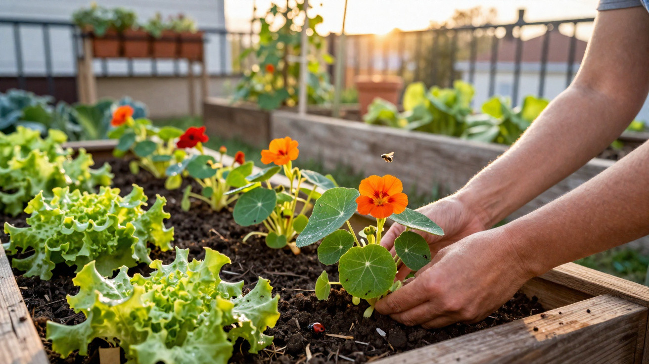 Mãos a plantar flores laranjas num canteiro elevado com alfaces, ao pôr do sol numa varanda urbana.