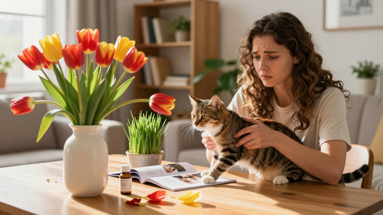 Mulher preocupada tenta examinar gato no sofá, com flores e livro sobre a mesa de madeira à frente.