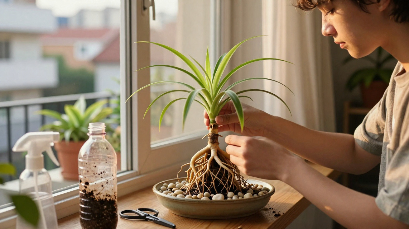 Jovem cuida de planta com raízes expostas numa mesa junto à janela iluminada pela luz natural.