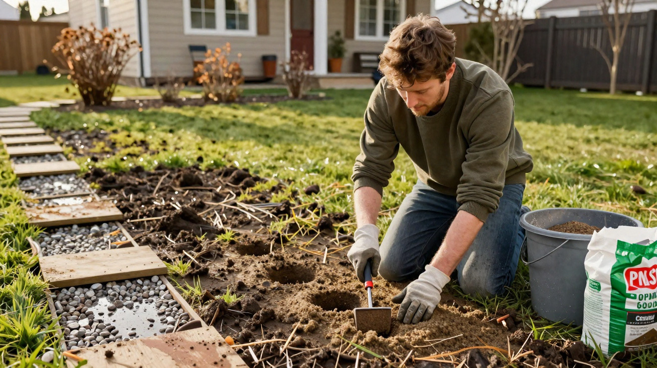 Homem a jardinar com trado manual em terra, junto a saco de adubo e balde no jardim de casa.
