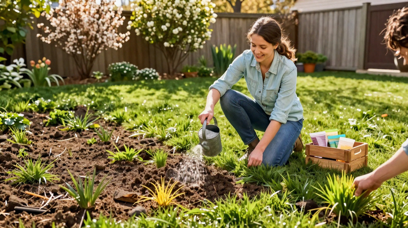 Mulher a regar plantas num jardim ensolarado, com sementes e terra à sua volta.