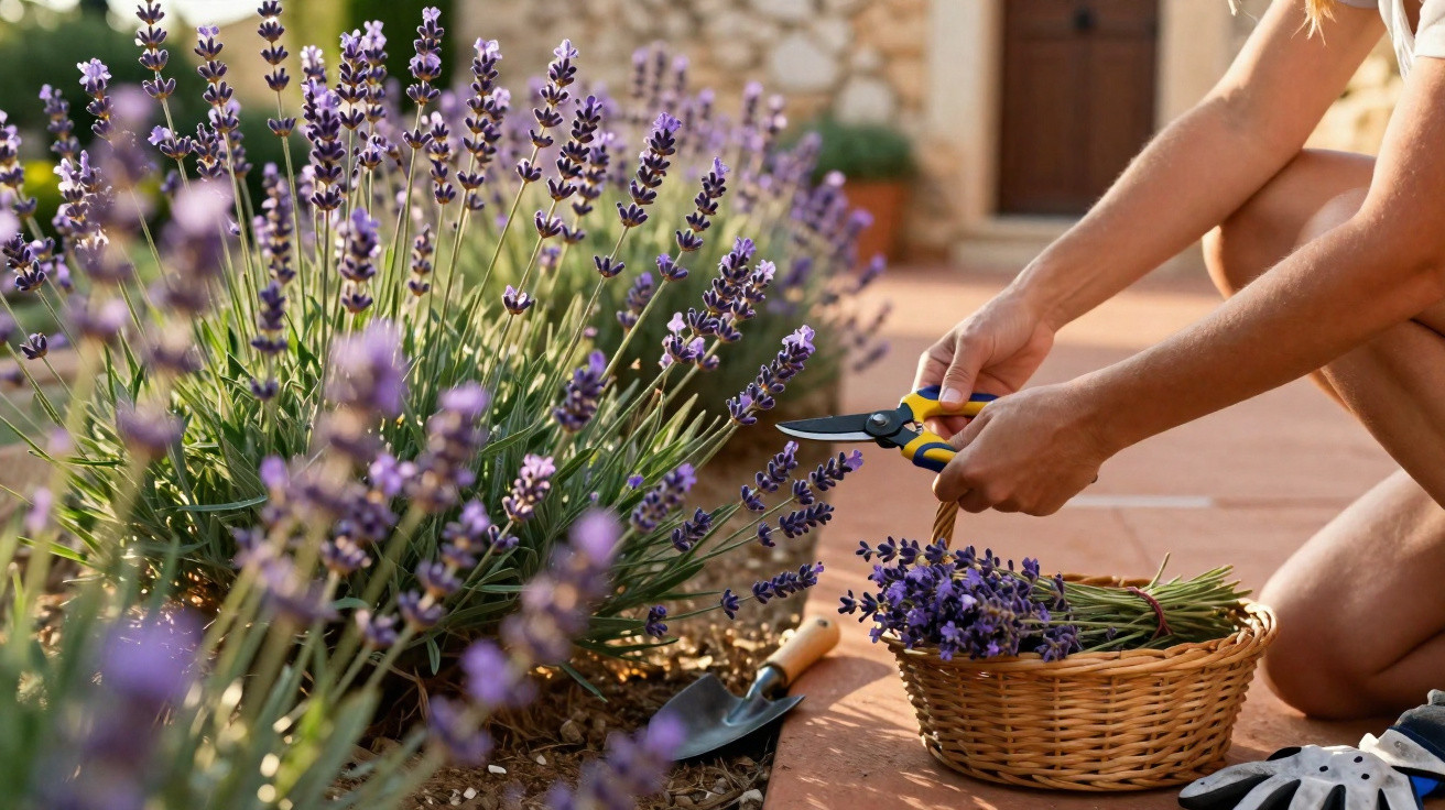 Pessoa a cortar ramos de lavanda com tesoura de jardim num espaço exterior junto a cesta de vime.