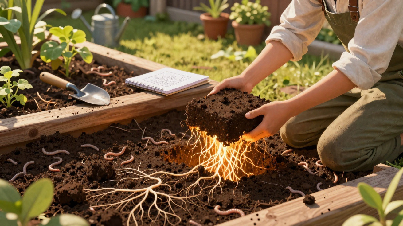Pessoa a segurar bloco de terra com raízes iluminadas num canteiro com minhocas e plantas.